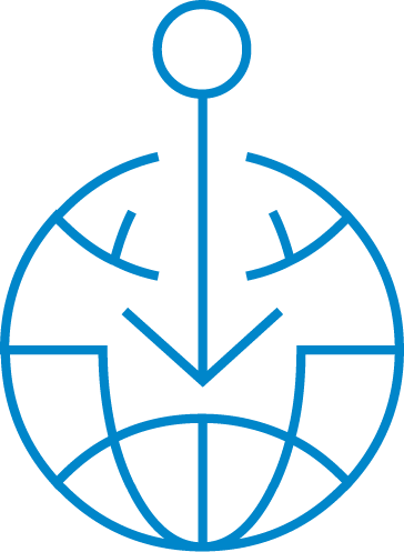 Blue illustration outline of a globe with a downward arrow